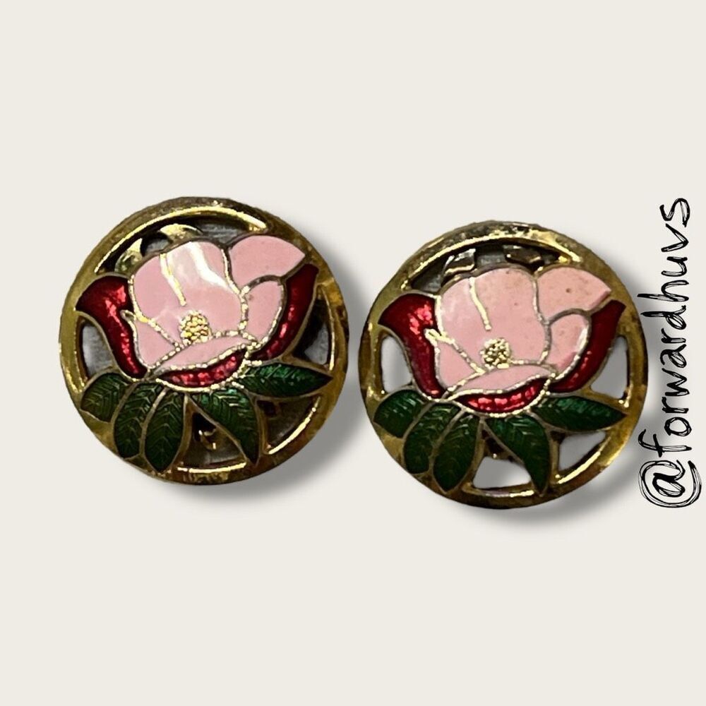 Beautiful Cloisonné Flower Clip On Earrings – Vibrant and Detailed Design